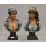 A pair of French polychrome patinated art metal head and shoulder busts of Neapolitan ladies,