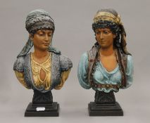 A pair of French polychrome patinated art metal head and shoulder busts of Neapolitan ladies,