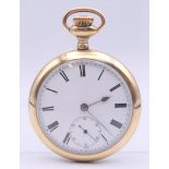 A gold plated open face pocket watch. 5 cm diameter.