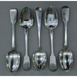 Five silver serving spoons each 22 cms long. 342 grammes.