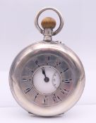 A silver half hunter pocket watch, the interior inscribed ' Mitcheson North Shields, Swiss Made'.
