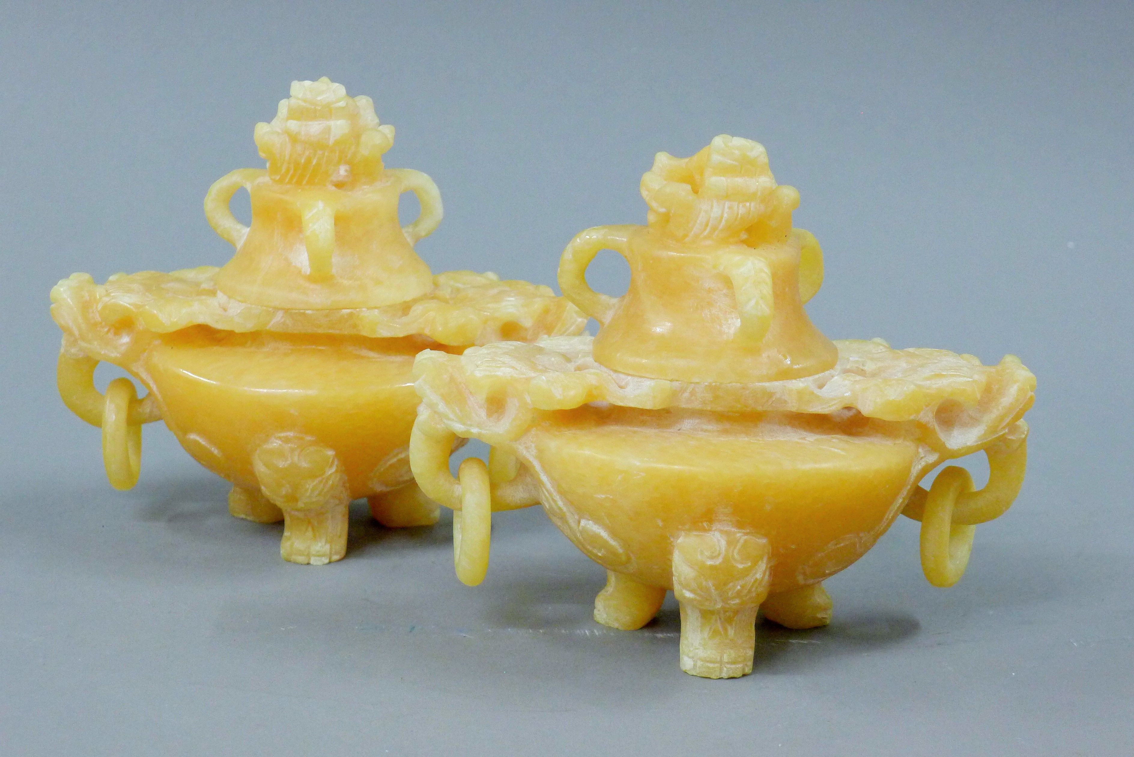 A pair of Chinese hardstone censers. 16 cm wide.