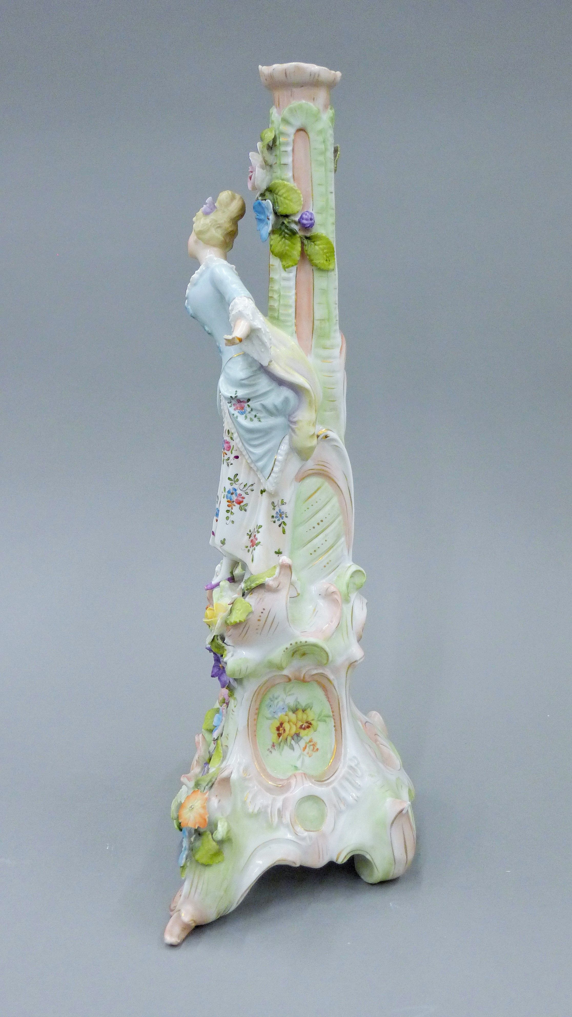An early 20th century Continental porcelain figural candelabra base, probably Sitzendorf. - Image 2 of 5