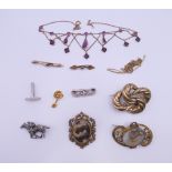 A quantity of gold and silver jewellery, etc., including Victorian mourning brooches.