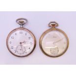 An Avia gold plated open face pocket watch and another gold plated open face pocket watch.