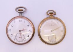 An Avia gold plated open face pocket watch and another gold plated open face pocket watch.