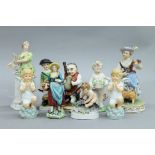 A quantity of porcelain figures, including Dresden and Derby. The largest 13 cm high.