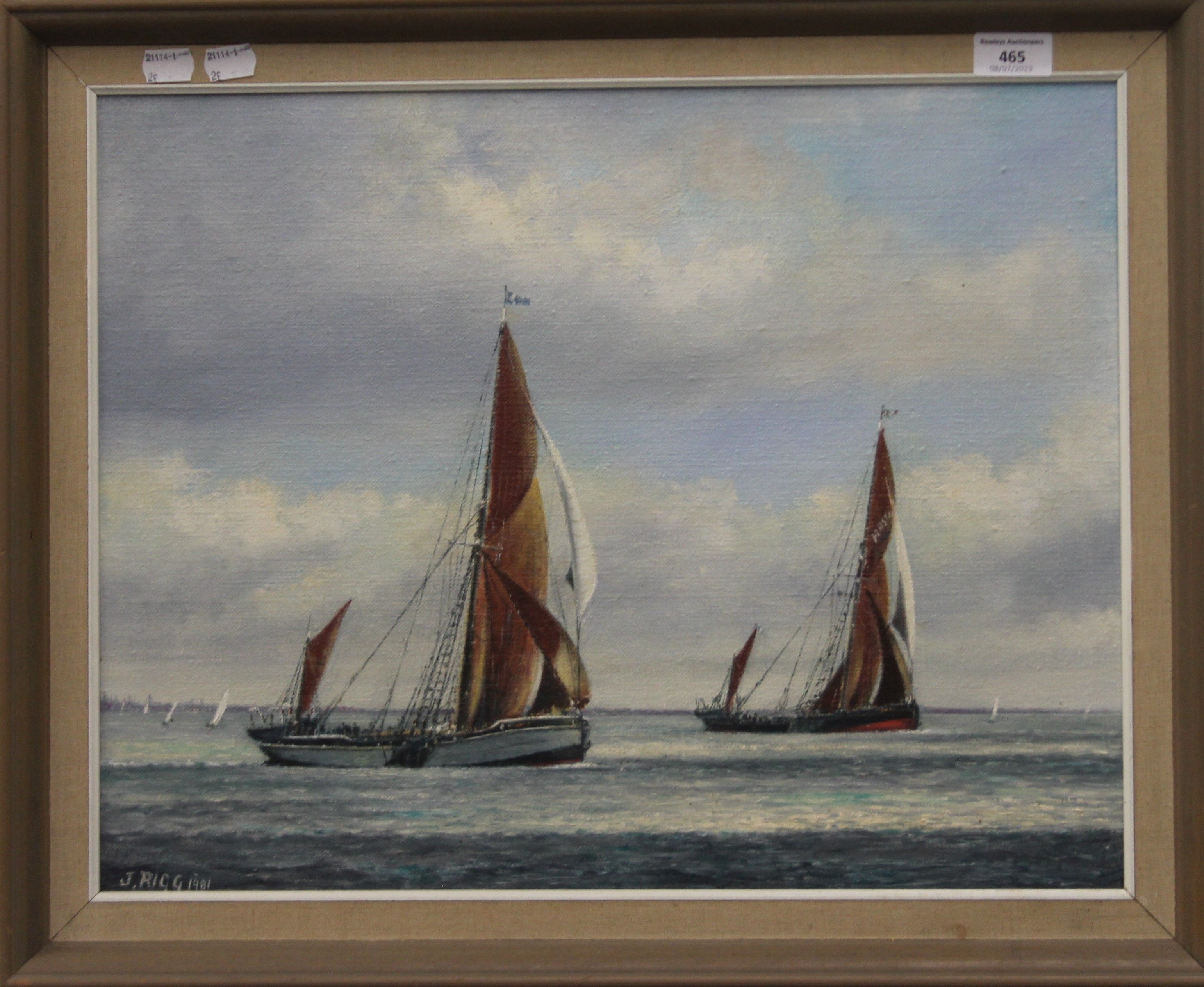 JACK RIGG (born 1927), Sailing Barges Reminder and Xylonite in Pin Mill Match 1980, oil on canvas, - Image 2 of 3