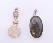 Two silver stone set pendants. Largest 5 cm high.