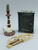 A mahogany table lamp, a key cupboard and a vintage skipping rope. The former 36.5 cms high.