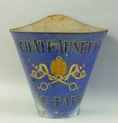 A blue painted grape picking bucket. 61 cm high.