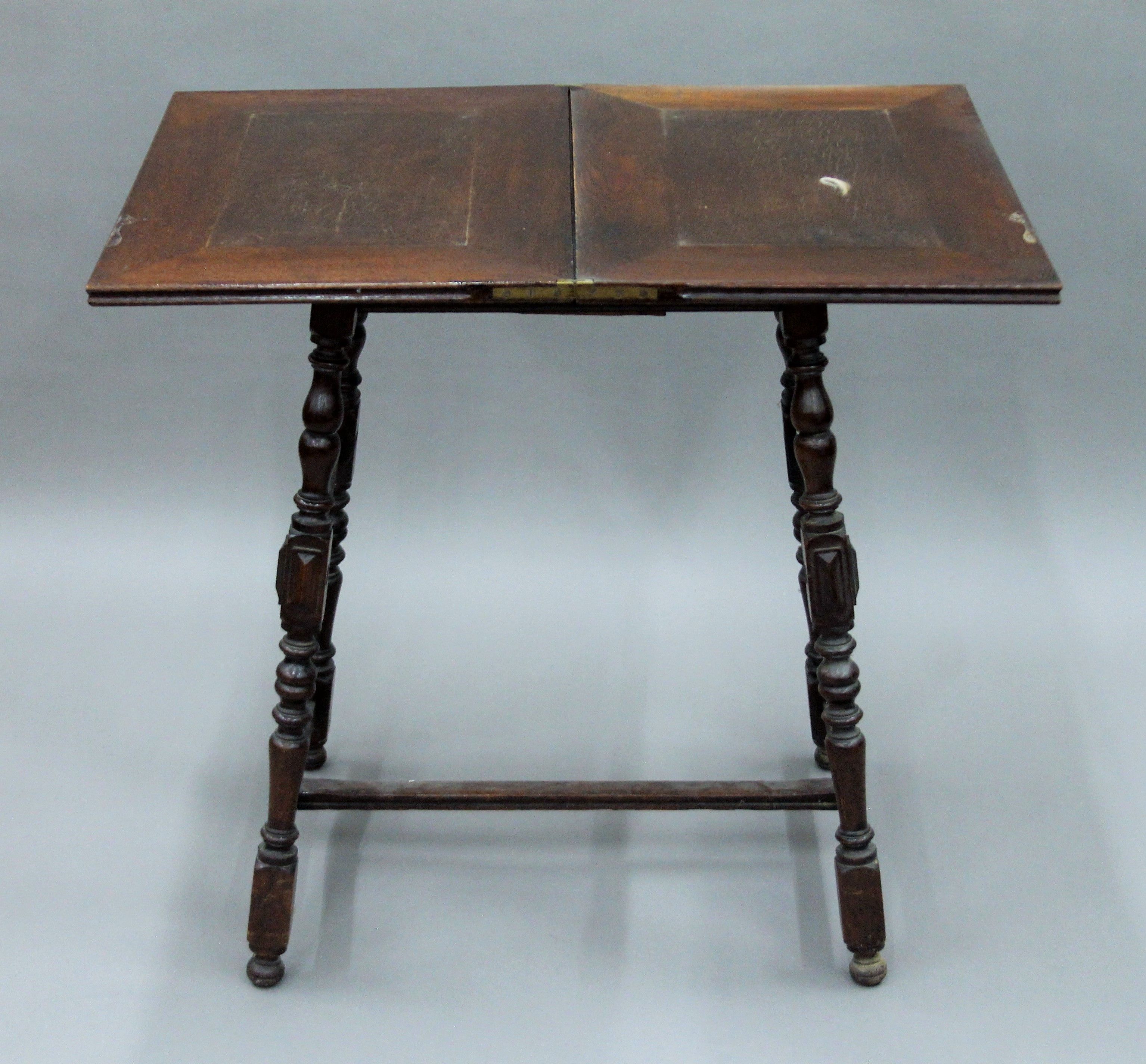 A Victorian oak folding tea table. 54.5 cm wide. - Image 5 of 9
