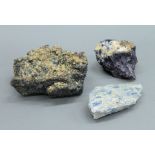 Three mineral specimens , including one possibly Blue John and one possibly kyanite.