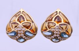 A pair of 18 ct gold heart shaped earrings set with topaz, citrine and diamond. 3 x 2.75 cm. 28.