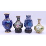 A collection of four Chinese cloisonne items. Dark blue vase 11 cm high.