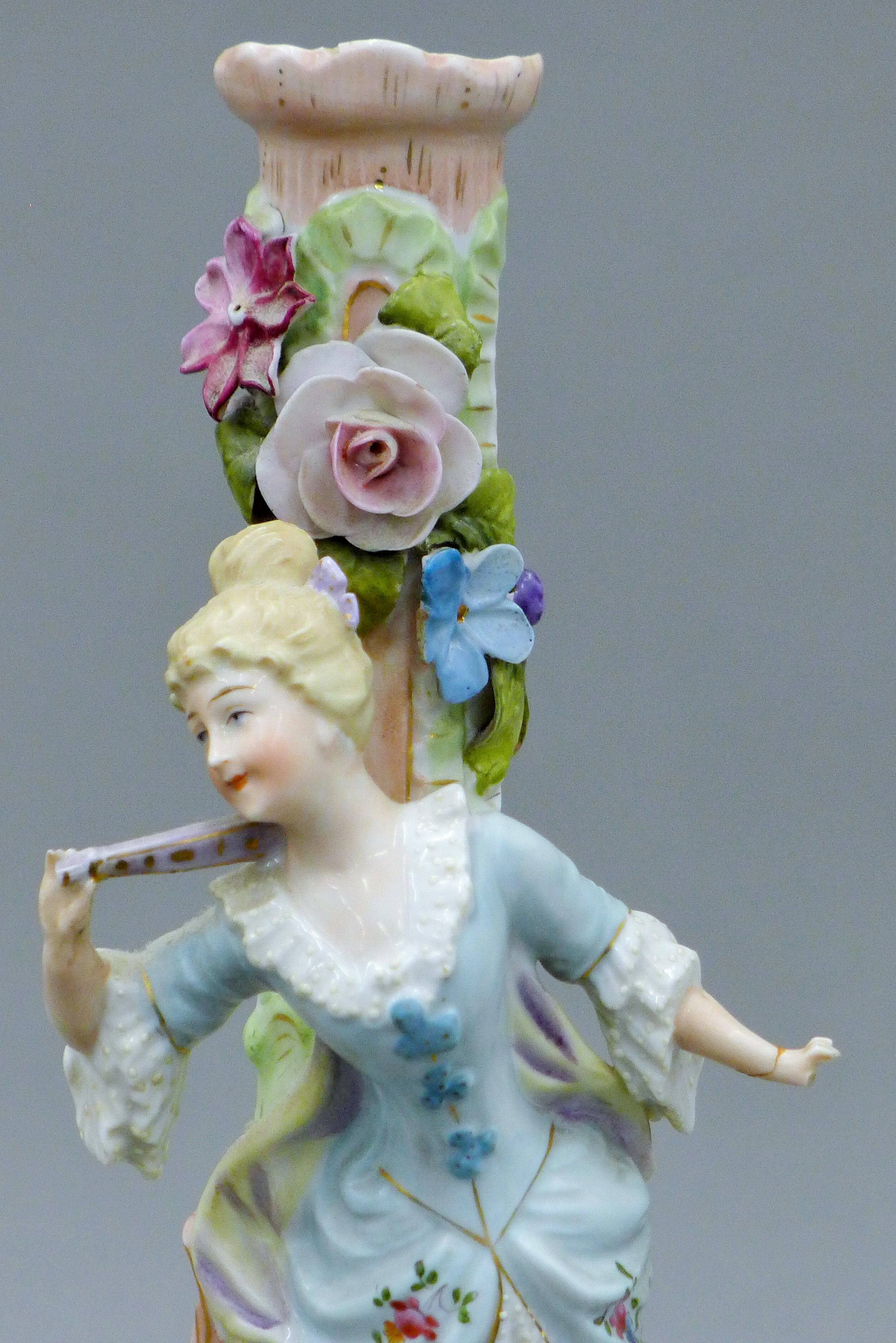 An early 20th century Continental porcelain figural candelabra base, probably Sitzendorf. - Image 5 of 5