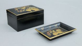 A Japanese lacquered box and tray. The former 11 cm long.