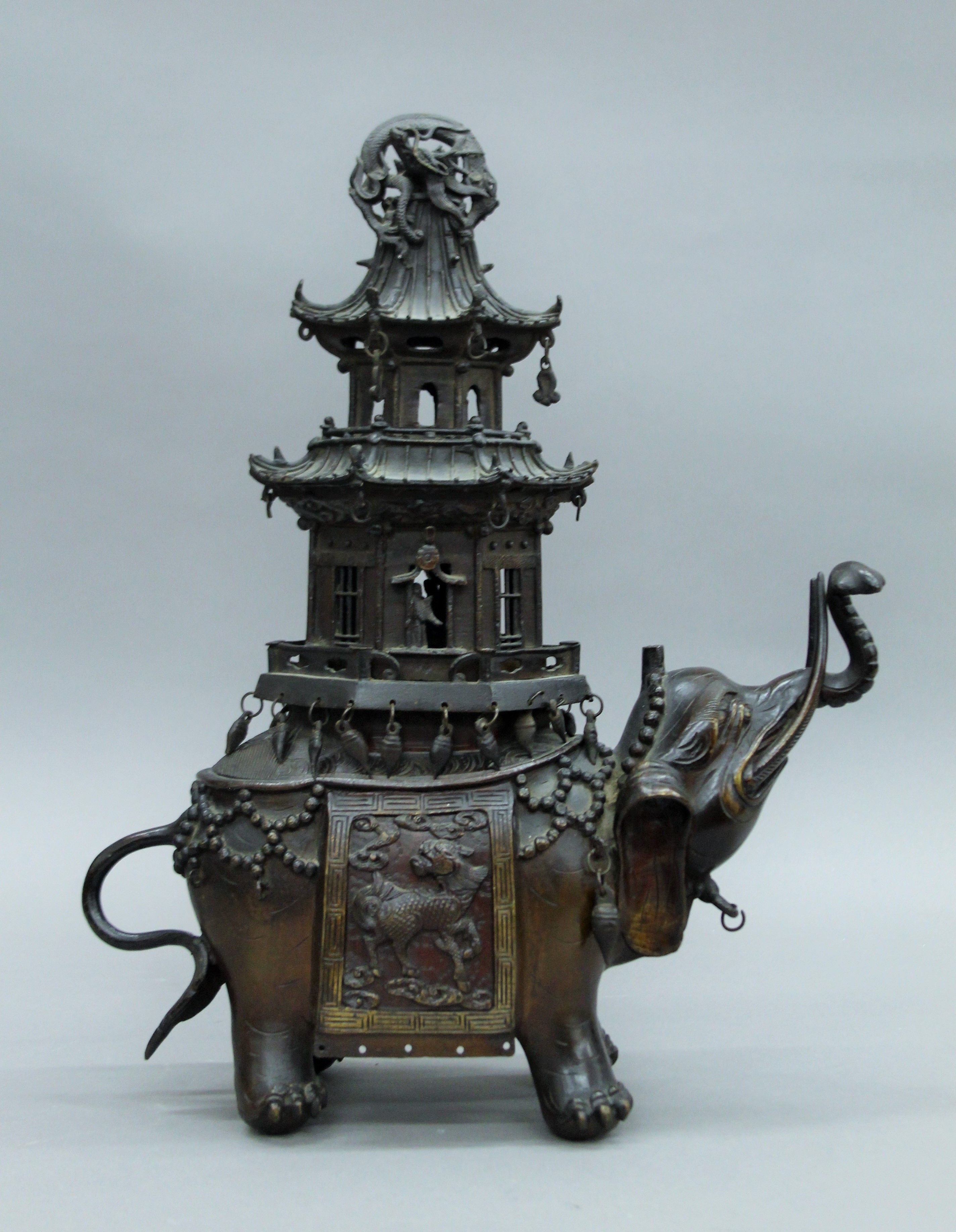 A Chinese bronze censer formed as an elephant with a pagoda on its back. 38 cm high. - Image 2 of 7