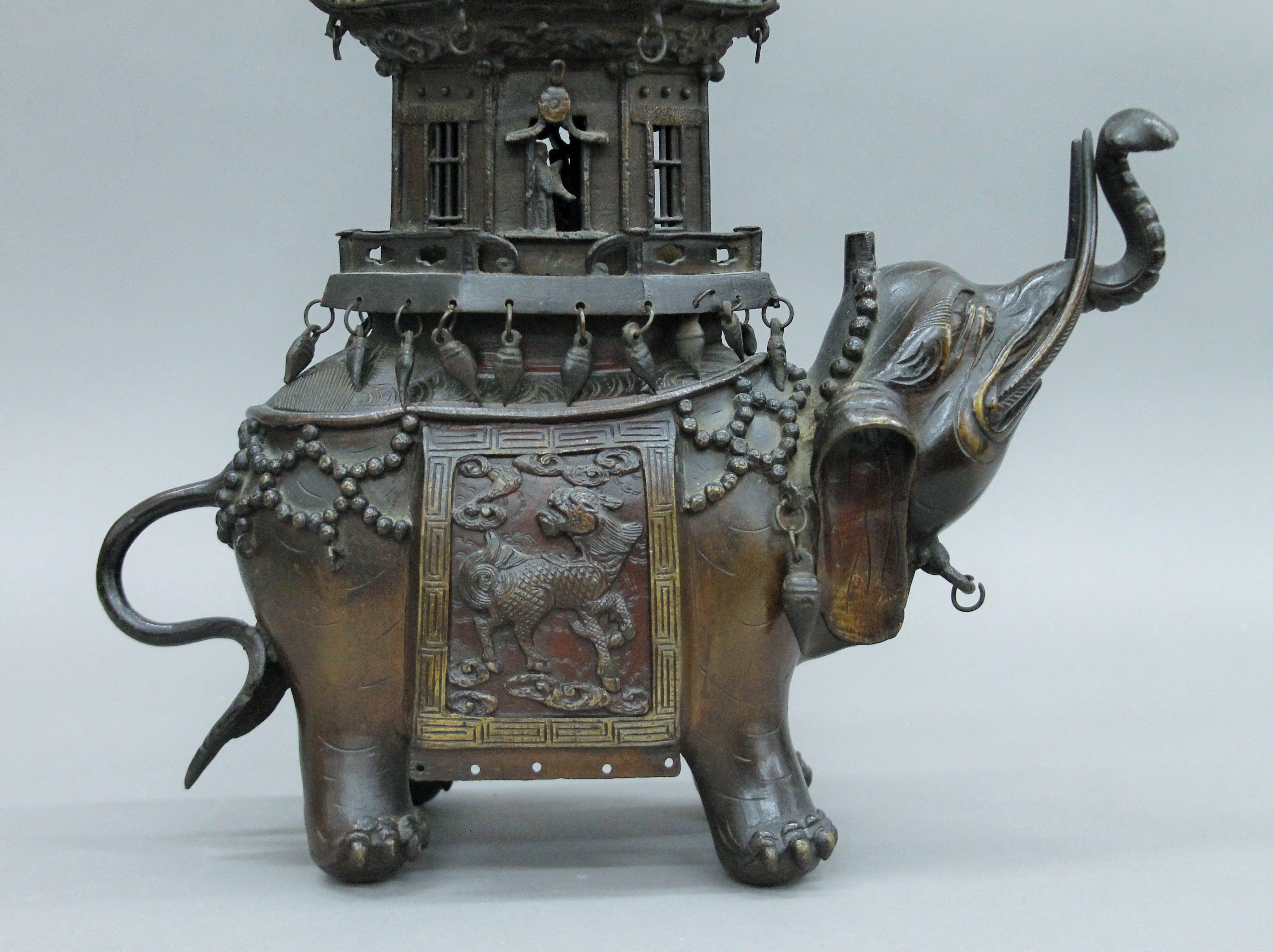 A Chinese bronze censer formed as an elephant with a pagoda on its back. 38 cm high. - Image 3 of 7