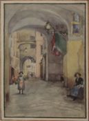 Continental Street Scene, watercolour, signed Prendergast, framed and glazed. 17.5 x 25 cm.