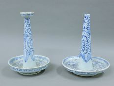A pair of Chinese porcelain blue and white candlesticks. 29 cm high.