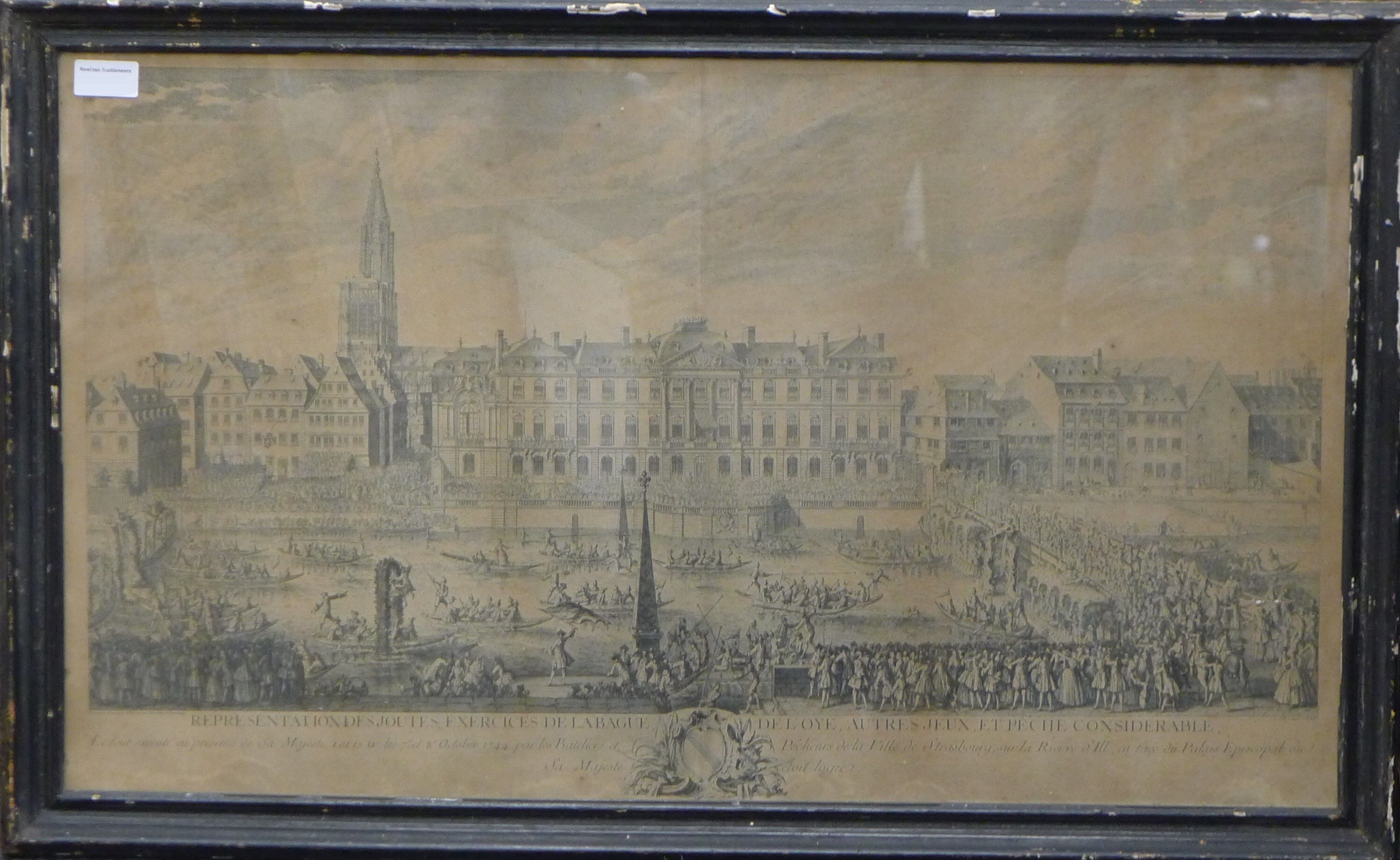 An 18th century print depicting the Strasbourg Barge Race 1744, framed and glazed. - Image 2 of 3