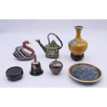 A collection of six Chinese cloisonne items. Yellow vase 8 cm high.