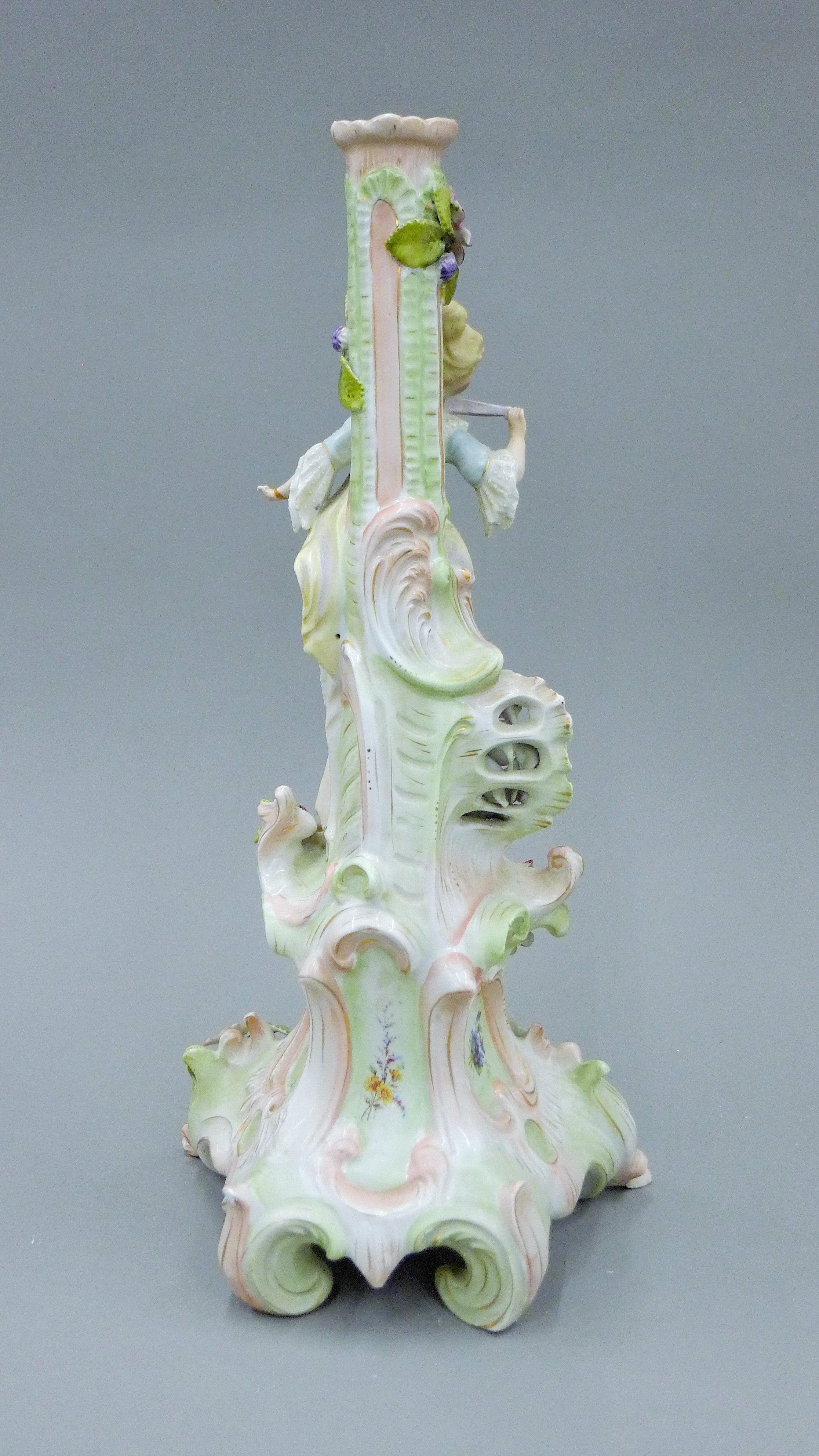 An early 20th century Continental porcelain figural candelabra base, probably Sitzendorf. - Image 3 of 5