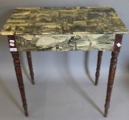 A decoupage decorated 19th century mahogany side table. 71 cm wide.