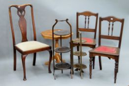 An inlaid side table, three chairs and two cake stands.