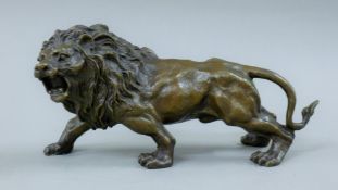 A bronze model of a lion. 31 cm long.
