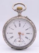 A silver open face pocket watch, the case inscribed to interior Cylindre Remontoire 6 Rubis.