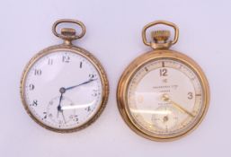 An Ingersoll Ltd Triumph gold plated open face pocket watch and another gold plated open face