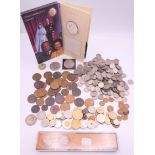 A collection of coins, including sixpences, pennies, farthings, half pennies, etc.
