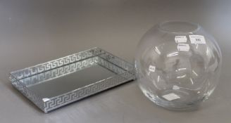 A modern clear glass vase 18 cms high, and a boxed modern mirrored tray.