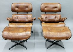 A pair of Eames style leather upholstered armchairs and stools. The chairs 80 cm wide.
