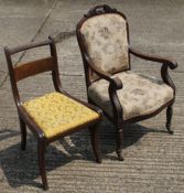 A Victorian carved mahogany open armchair and a single chair. The former 59 cm wide.