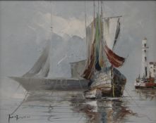 Boats in a Harbour, oil on canvas, signed M Ryan, framed. 49.5 x 39.5 cm.