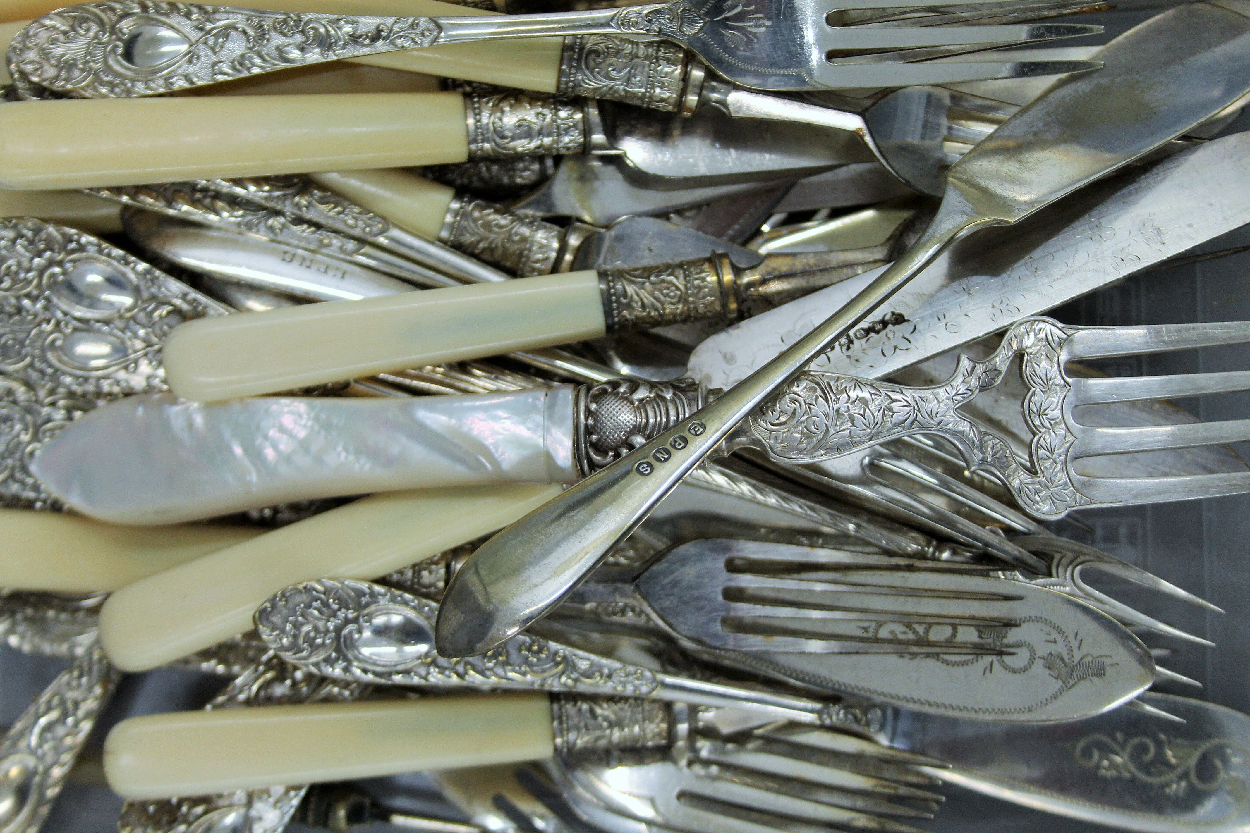 Two cased sets of silver handled knives and various plated cutlery. - Image 3 of 7