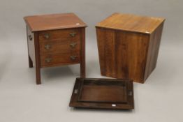A converted 19th century mahogany commode, a modern lidded box and a tray. The former 46 cm wide.