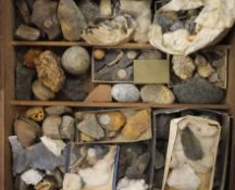 A collection of various mineral specimens, Stone Age tools, etc.