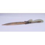 A Chinese jade mounted silver paper knife. 23 cm long.