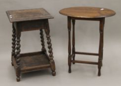 A carved oak single drawer side table and an oak oval side table. The former 45 cm wide.