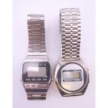 A gentlemen's Seiko digital wristwatch and another. The former 3 cm wide.