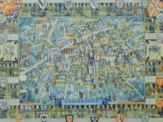 A Cambridge pictorial coloured map by Kerry Lee, framed and glazed. 58 x 44 cm.