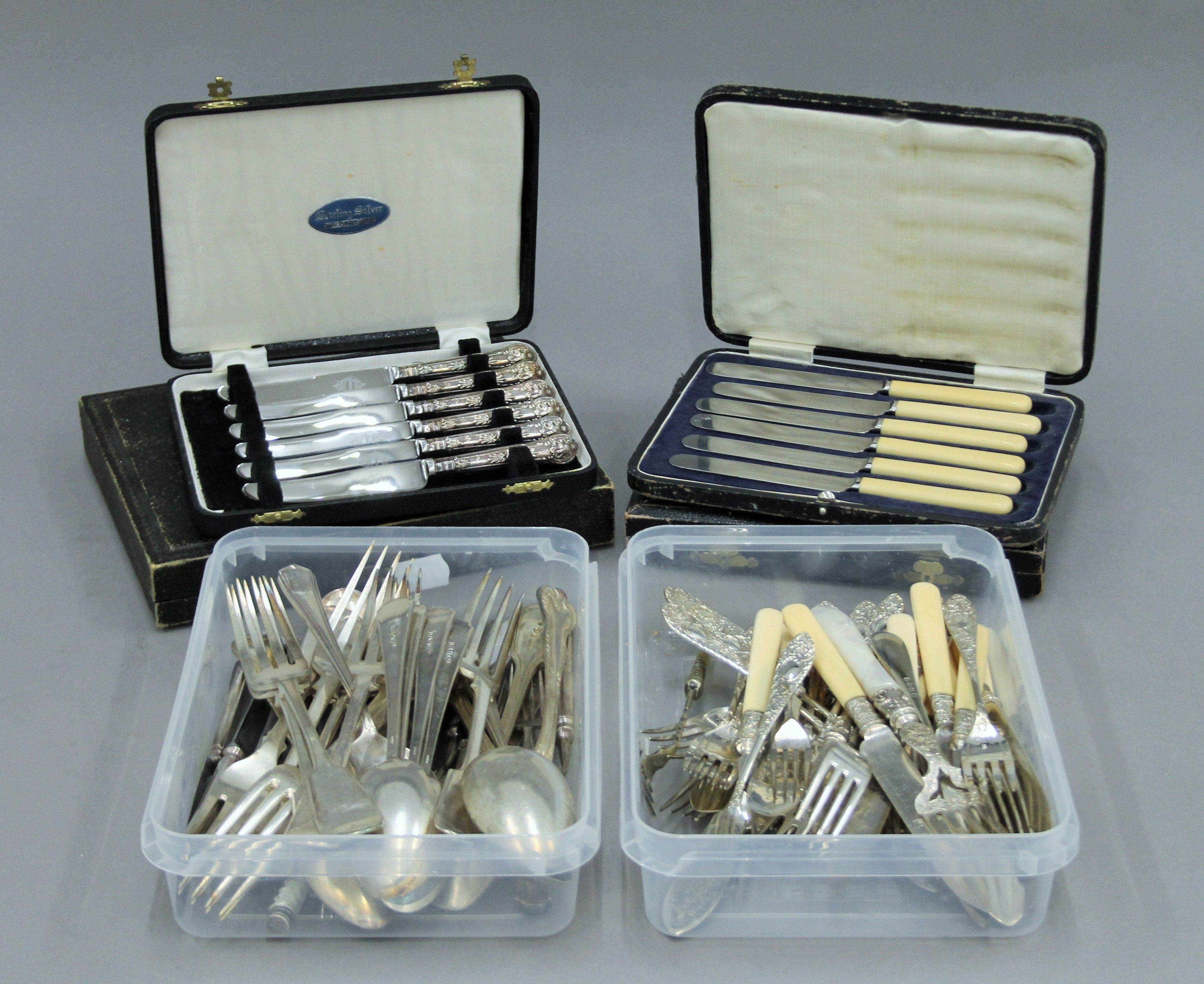 Two cased sets of silver handled knives and various plated cutlery.