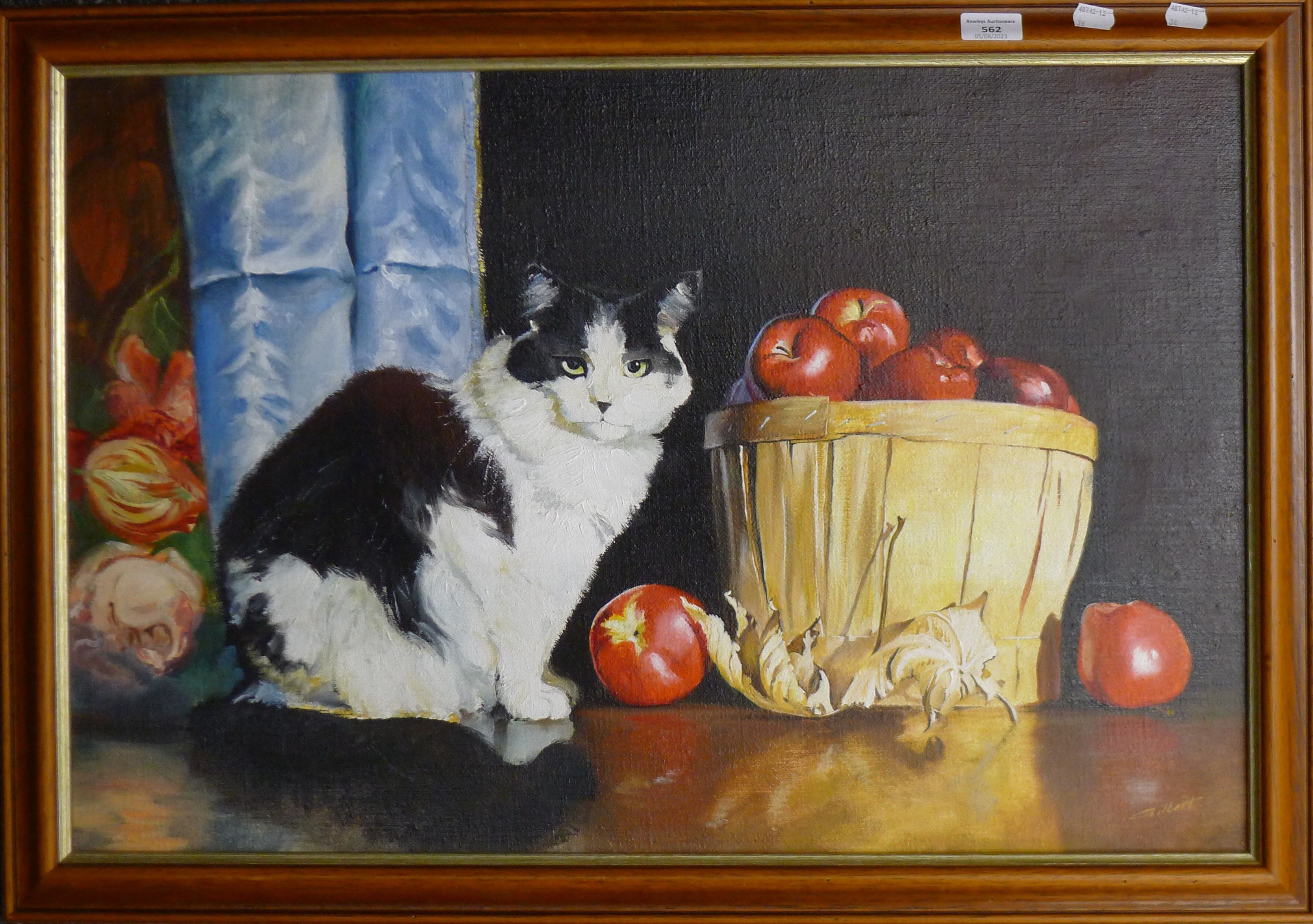 GILBERT, Cat and Apples, oil on canvas, framed. 75 x 49.5 cm. - Image 2 of 3