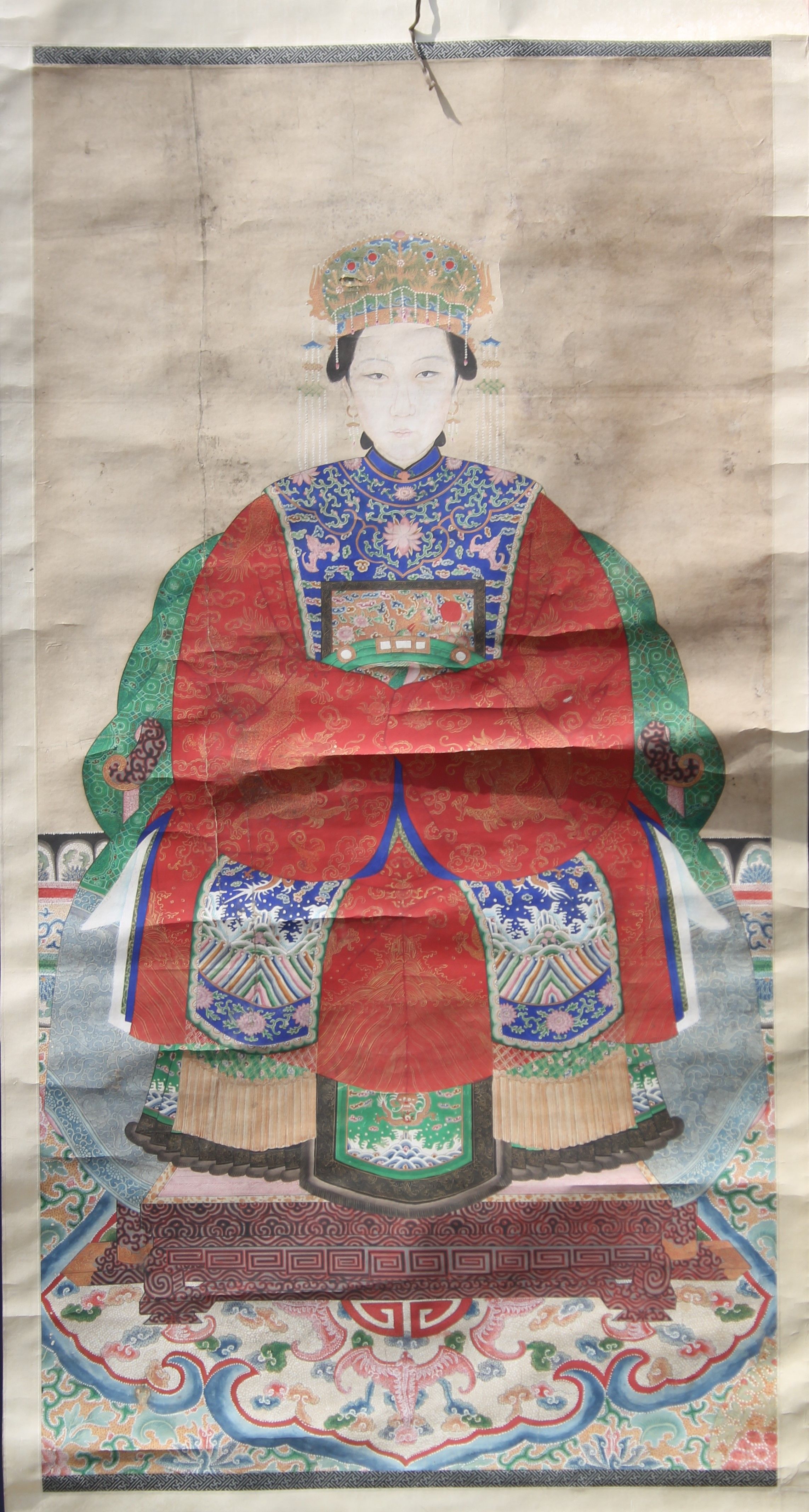 A 19th century Chinese ancestor scroll painting. 90 x 220 cm. - Image 2 of 5