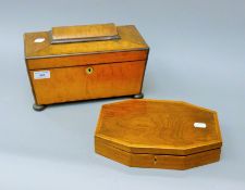 A Victorian birdseye maple tea caddy and a rosewood box. The former 30 cm wide.