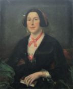 19TH CENTURY SCHOOL, A Portrait of a Lady with a Rose, oil on canvas, unframed. 63.5 x 76.5 cm.